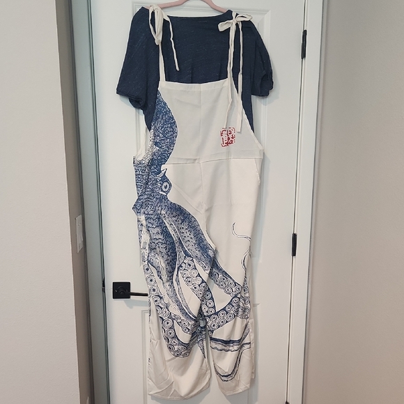Pants - Women's nautical Blue and white squid wide legged bib overalls. Size XL